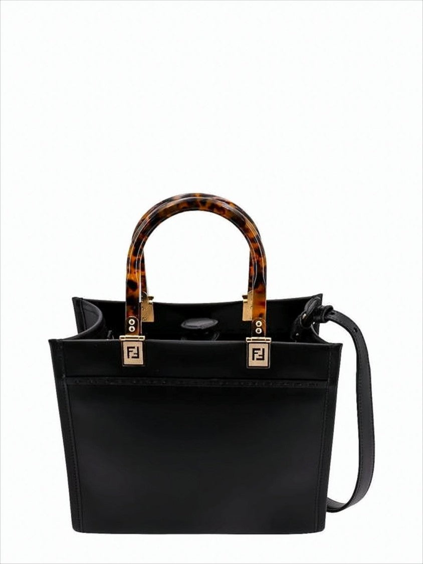 Fendi Structured Smooth Calf Leather Tote Bag With Tortoiseshell Handles
