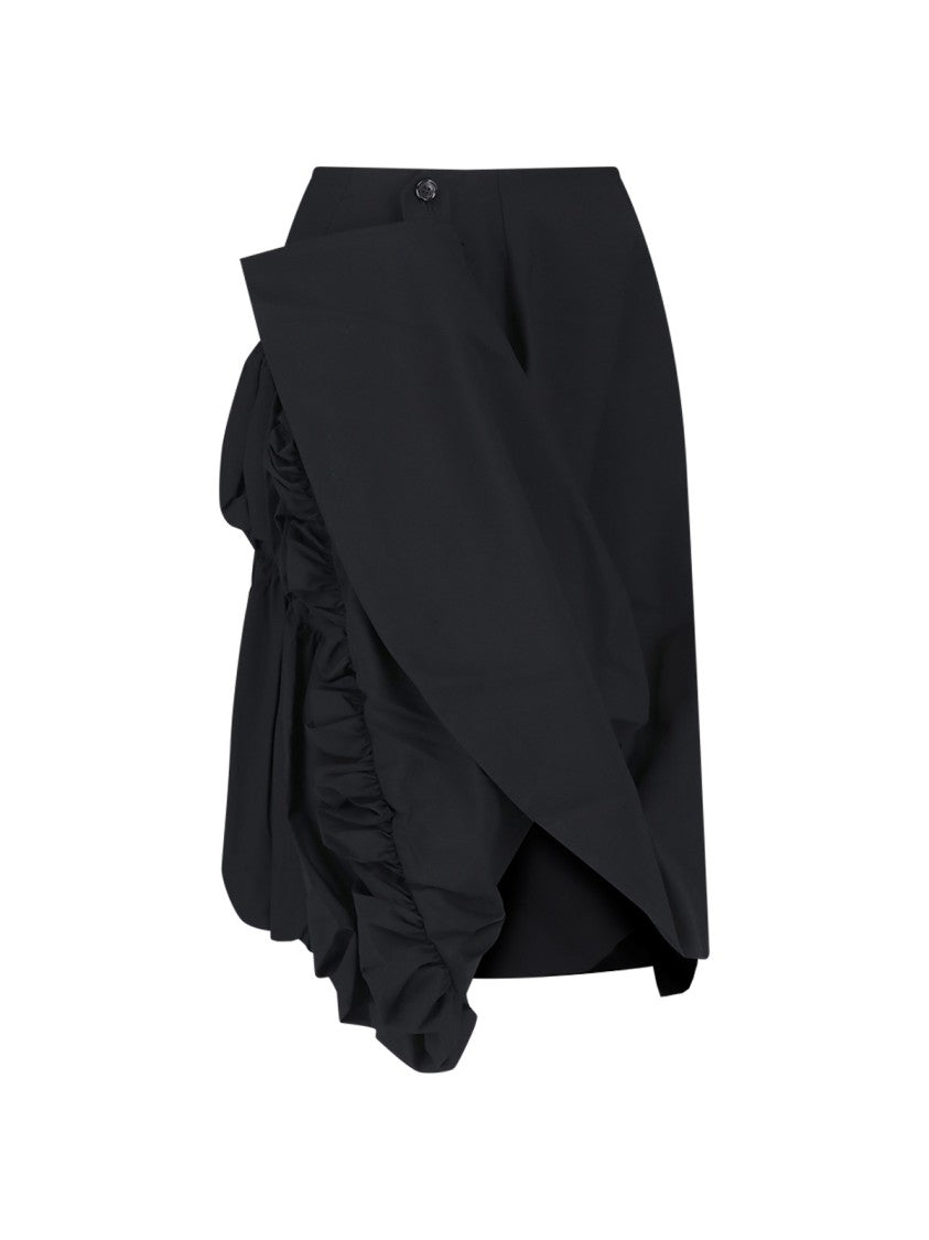 Comme Des Garçons Asymmetric Midi Skirt With Draped Detailing In Black Wool