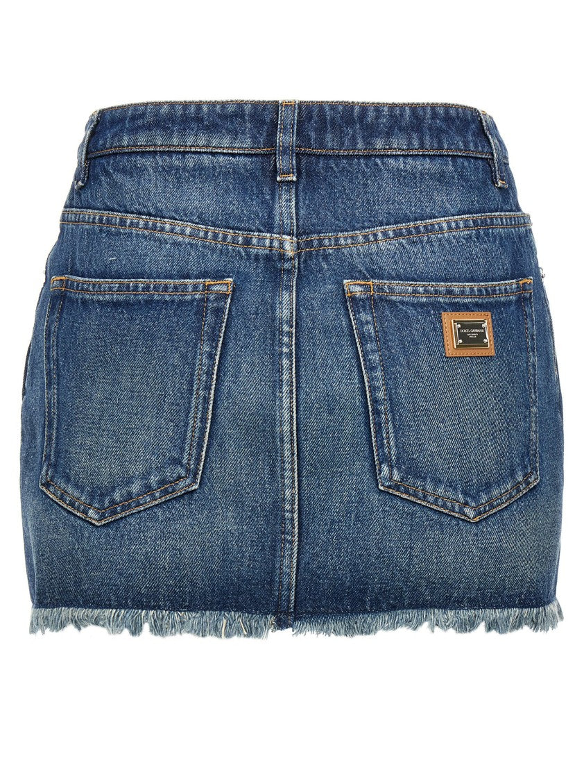 Dolce & Gabbana Fringed Hem Denim Mini Skirt