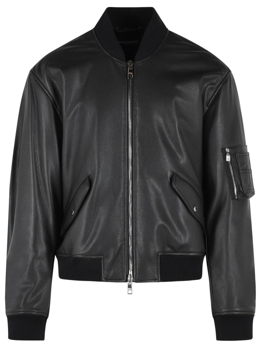 Dolce & Gabbana Black Leather Bomber Jacket