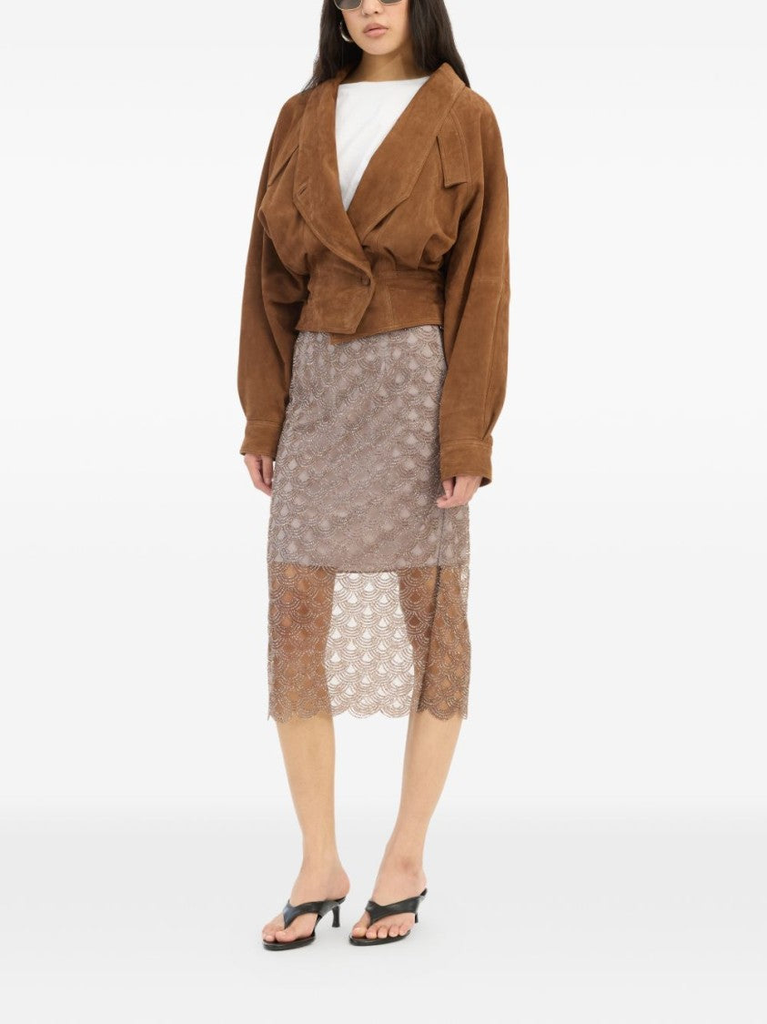 Rotate Taupe Sequined Midi Skirt With Scallop Trim