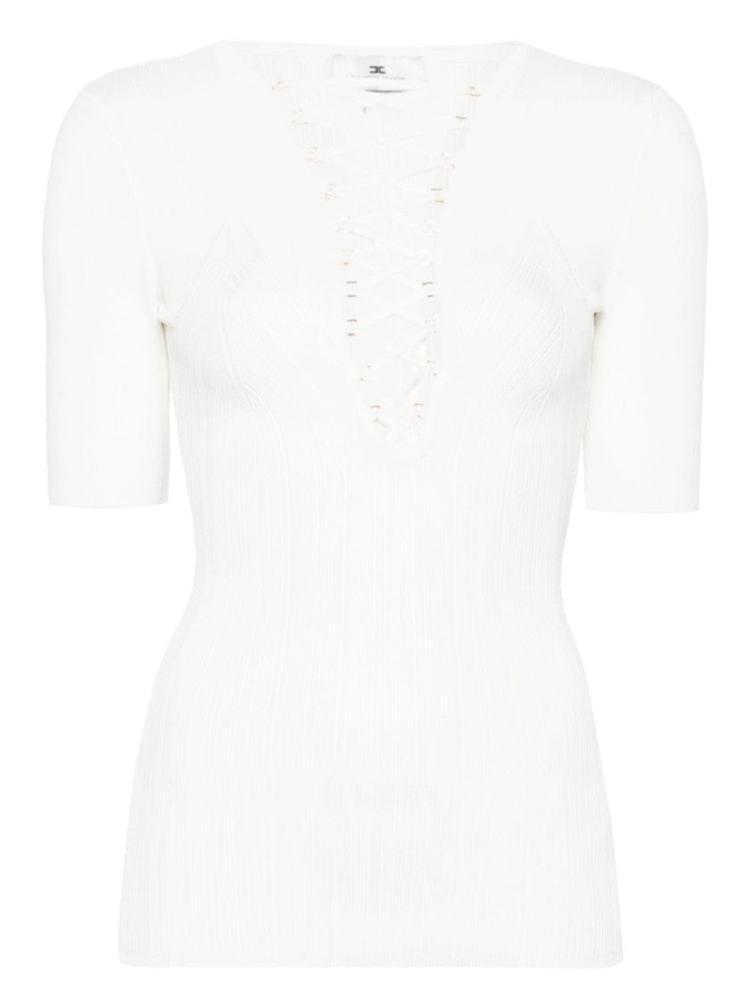 Elisabetta Franchi Ivory Lace-Up V-Neck Top With Ribbed Texture