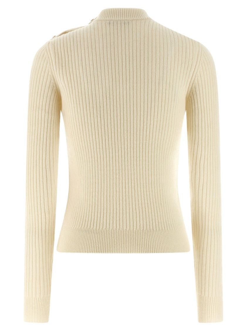 Balmain Ribbed Cashmere And Virgin Wool Sweater With Metal Lion Head Buttons