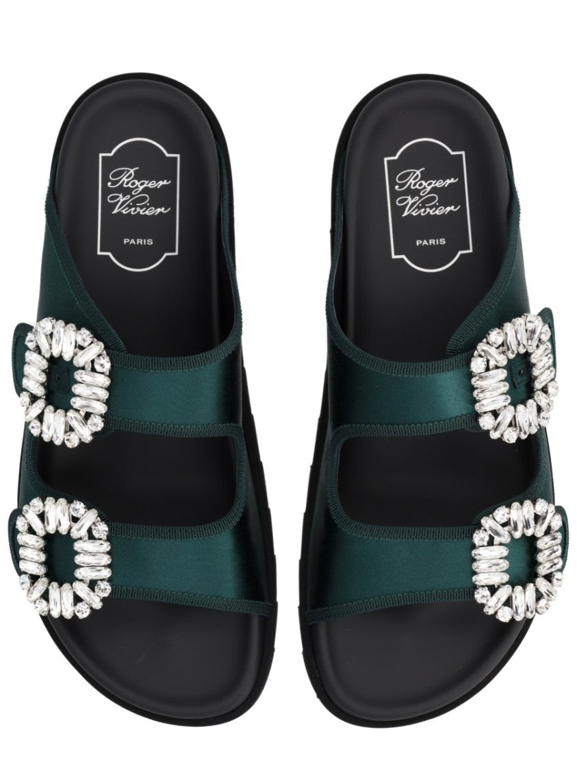 Roger Vivier Slidi Viv Green Textile Crystal Sandals