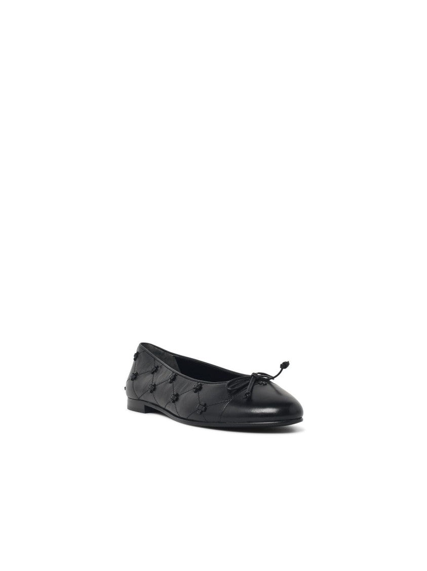 Tory Burch Black Leather Ballet Flats With Decorative Laces And Quilted Embroidery