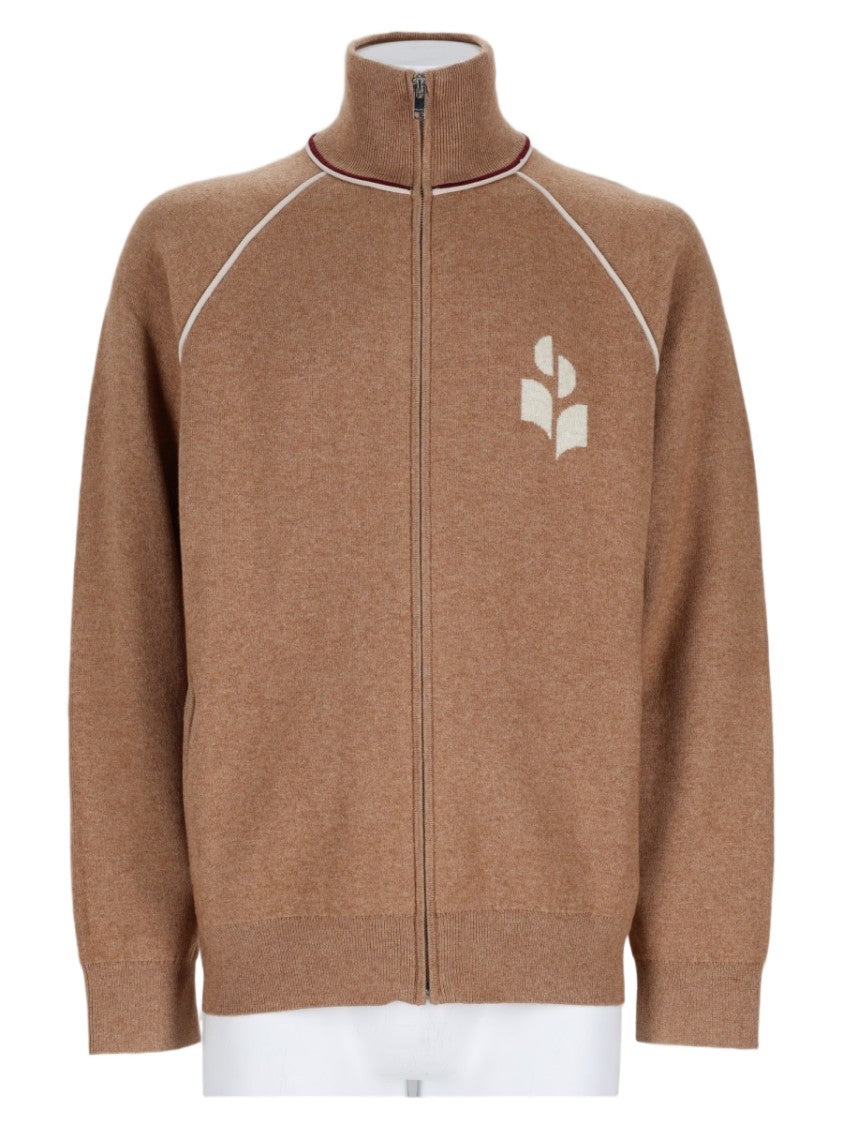 Isabel Marant Beige High Collar Maroon Trim Cotton-Blend Sweatshirt