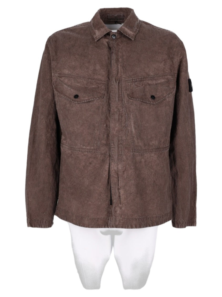 Stone Island Brown Suede-Textured Concealed Placket Casual Jacket