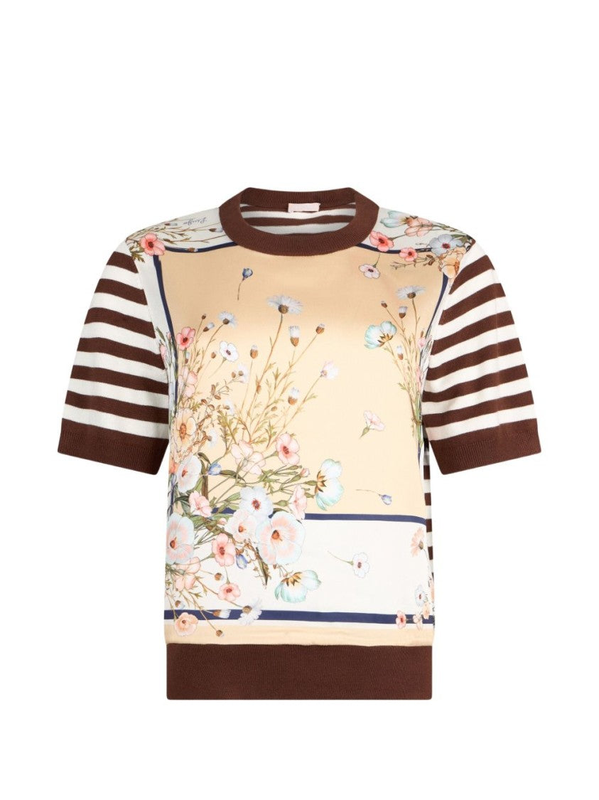 Liu Jo Beige Striped Floral Print Sweater