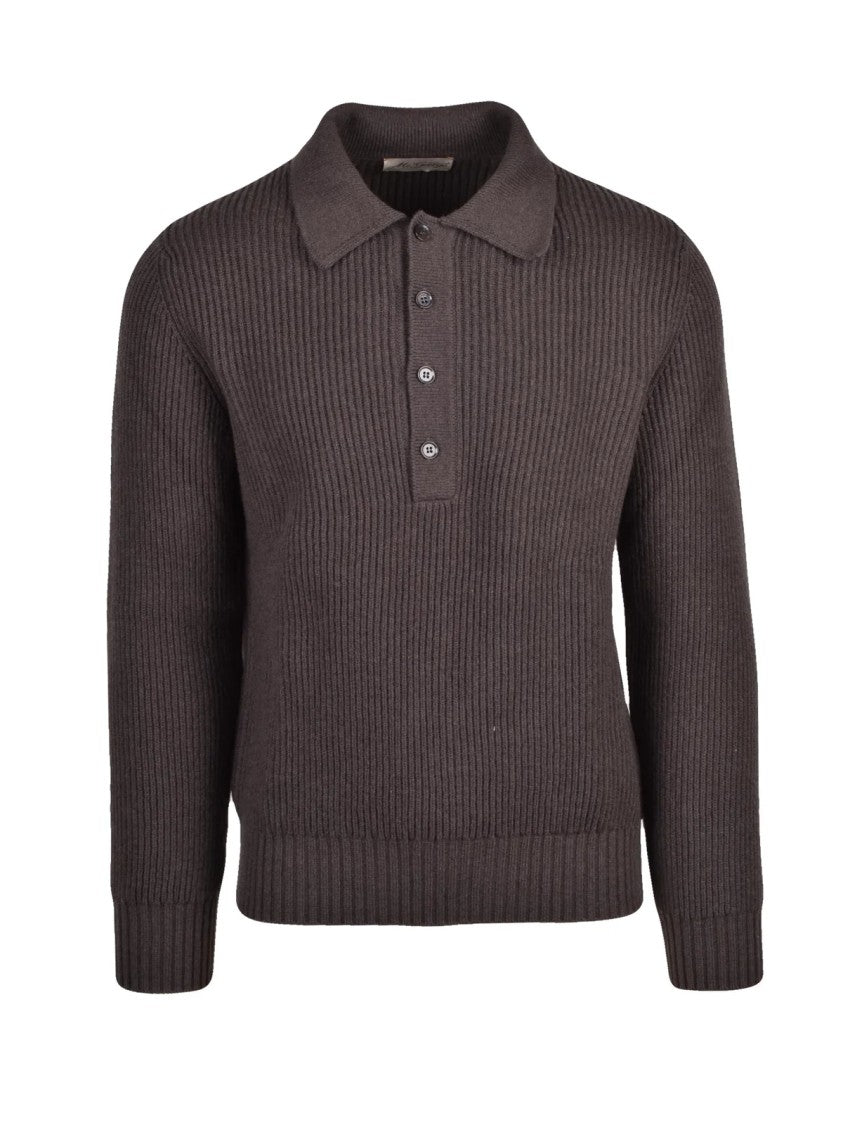 Mc George Brown Virgin Wool-Cashmere Ribbed Polo Sweater