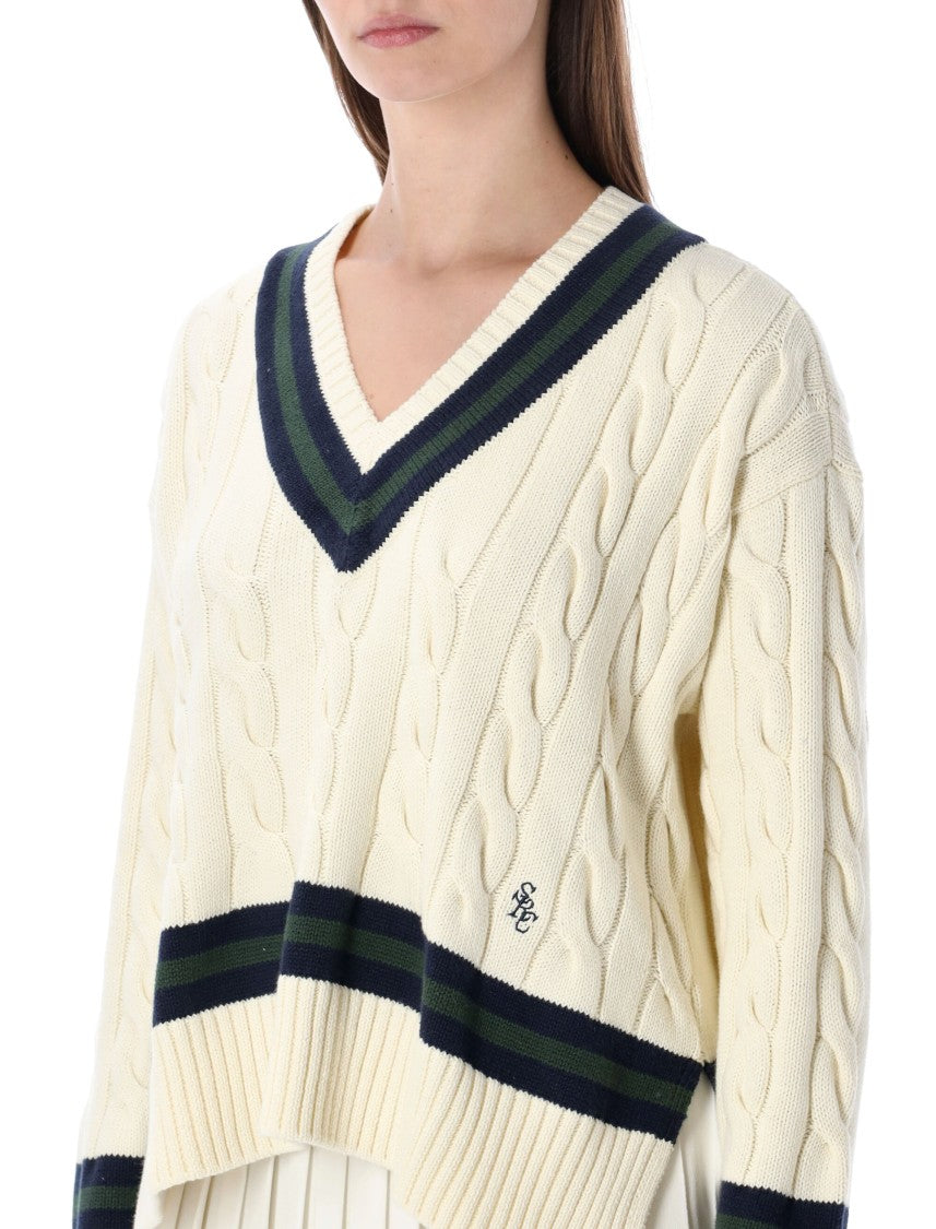 Sporty And Rich Cotton Cableknit V-Neck Sweater
