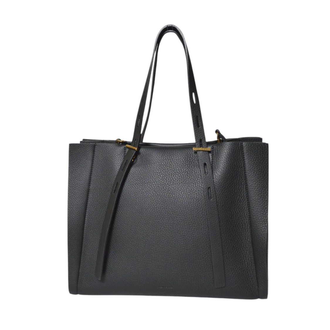 Mino Bossi Structured Black Leather Tote With Gold-Tone Accents