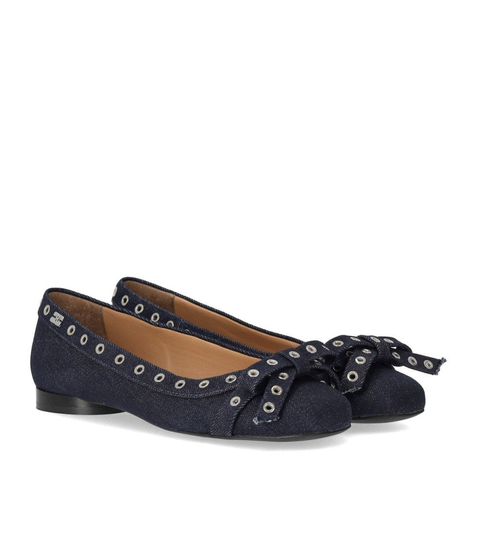 Ganni Blue Denim Ballet Flat Shoe With Bows