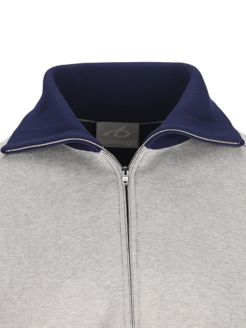 Balenciaga Zip-Up Cardigan With Contrast Navy Panels And Ribbed Details