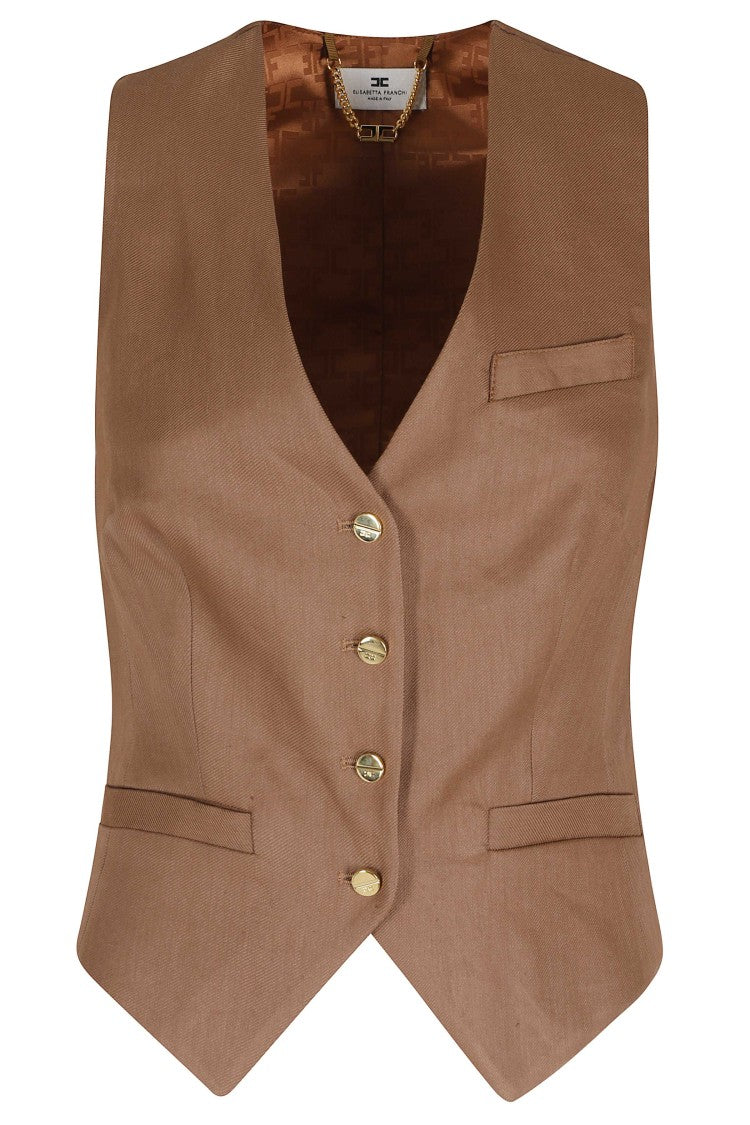 Elisabetta Franchi Brown V-Neck Linen-Blend Waistcoat
