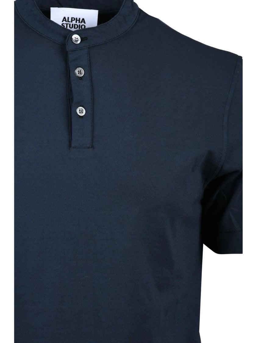 Alpha Studio Dark Blue Cotton Elastane Serafino T-Shirt