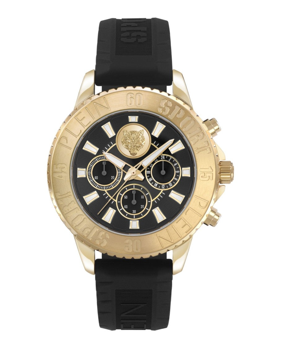 Plein Sport Chronograph Ip Yellow Gold Watch With Textured Black Silicone Strap