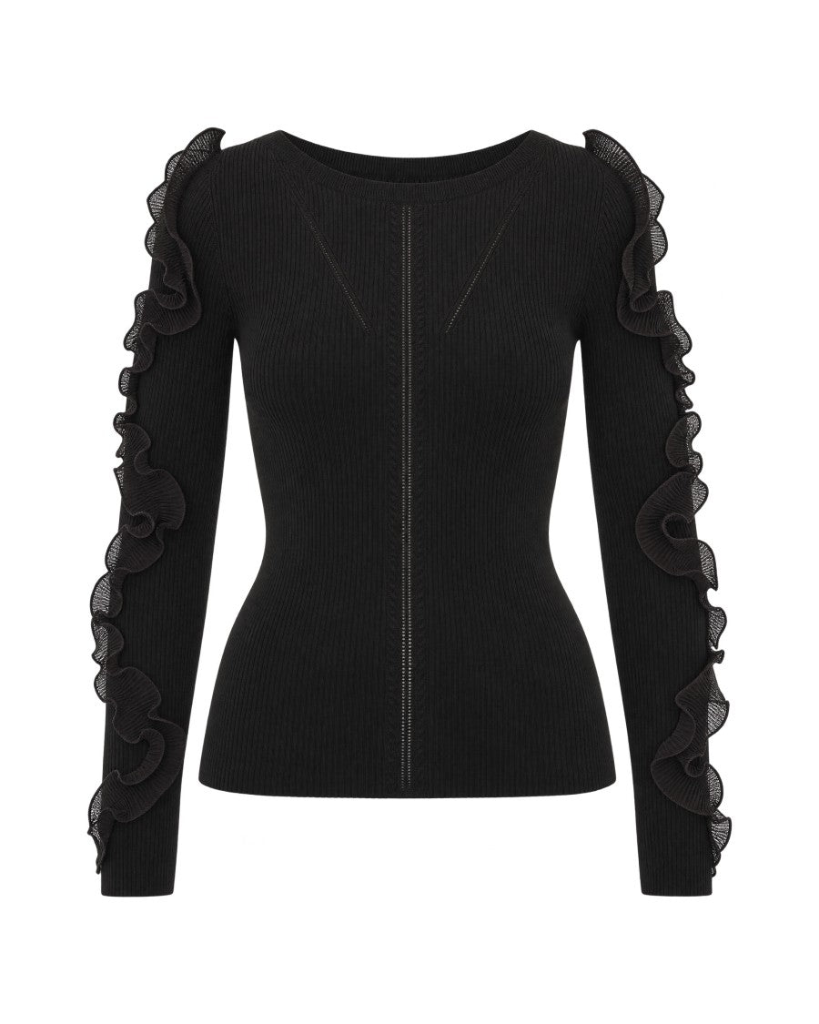 Liu Jo Black Ribbed Organza Ruffled Knit Top