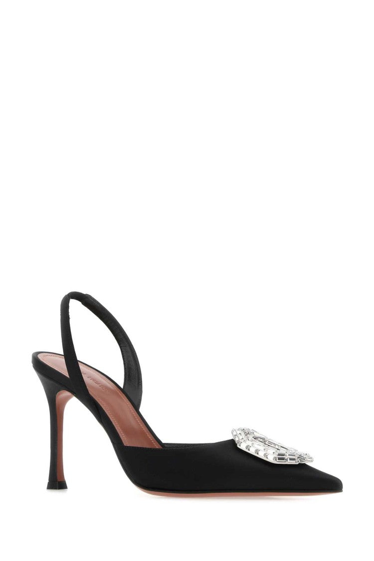Amina Muaddi Black Satin Camelia Pumps