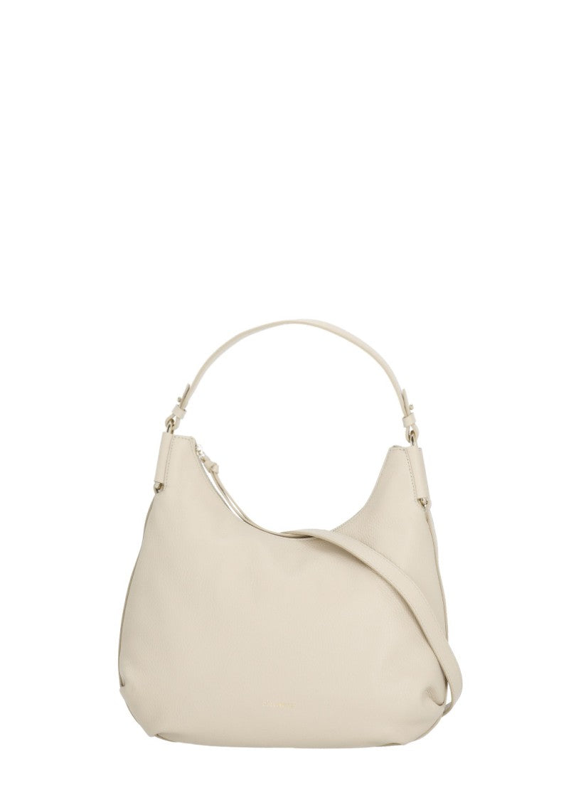 Coccinelle Beige Pebbled Leather Shoulder Bag With Adjustable Strap
