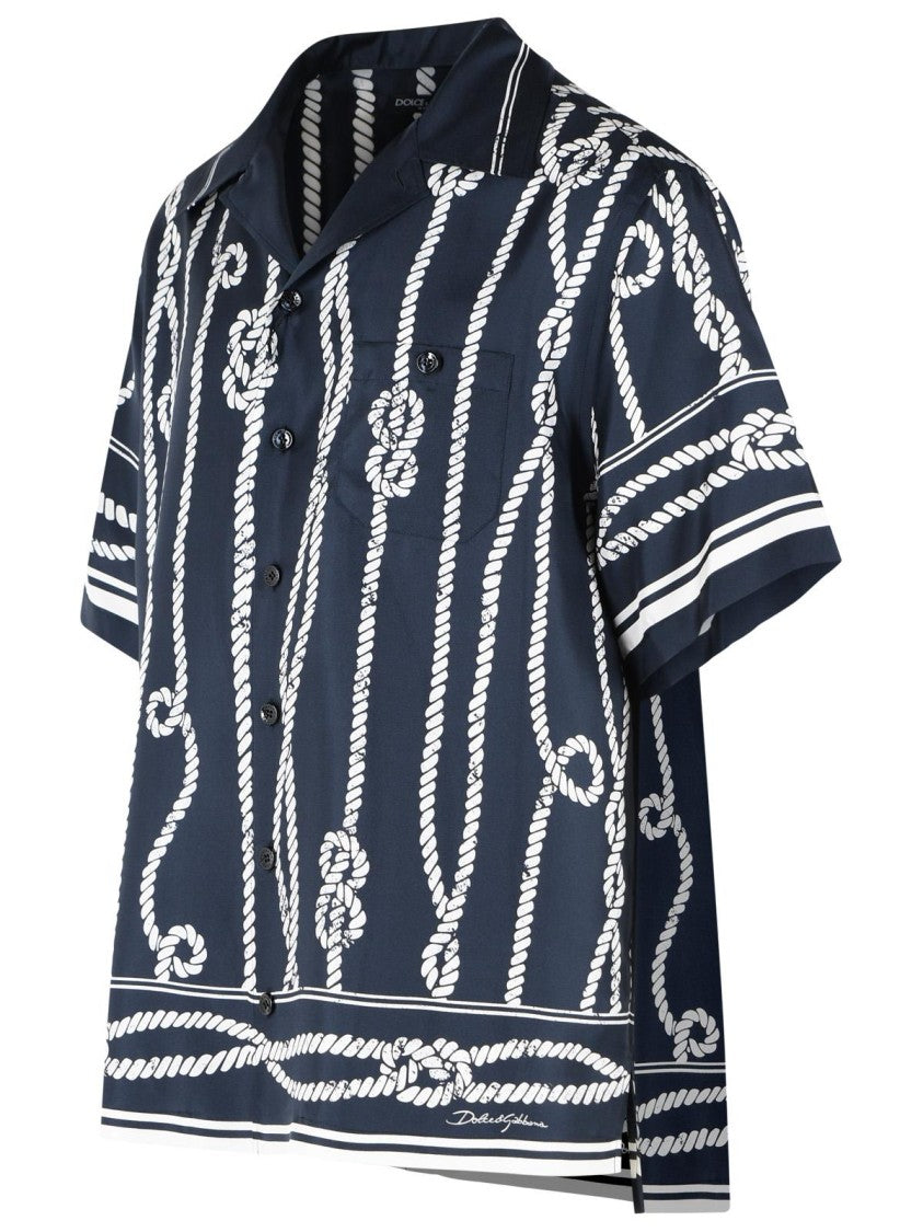 Dolce & Gabbana Navy Corde Contrast String Pattern Silk Shirt