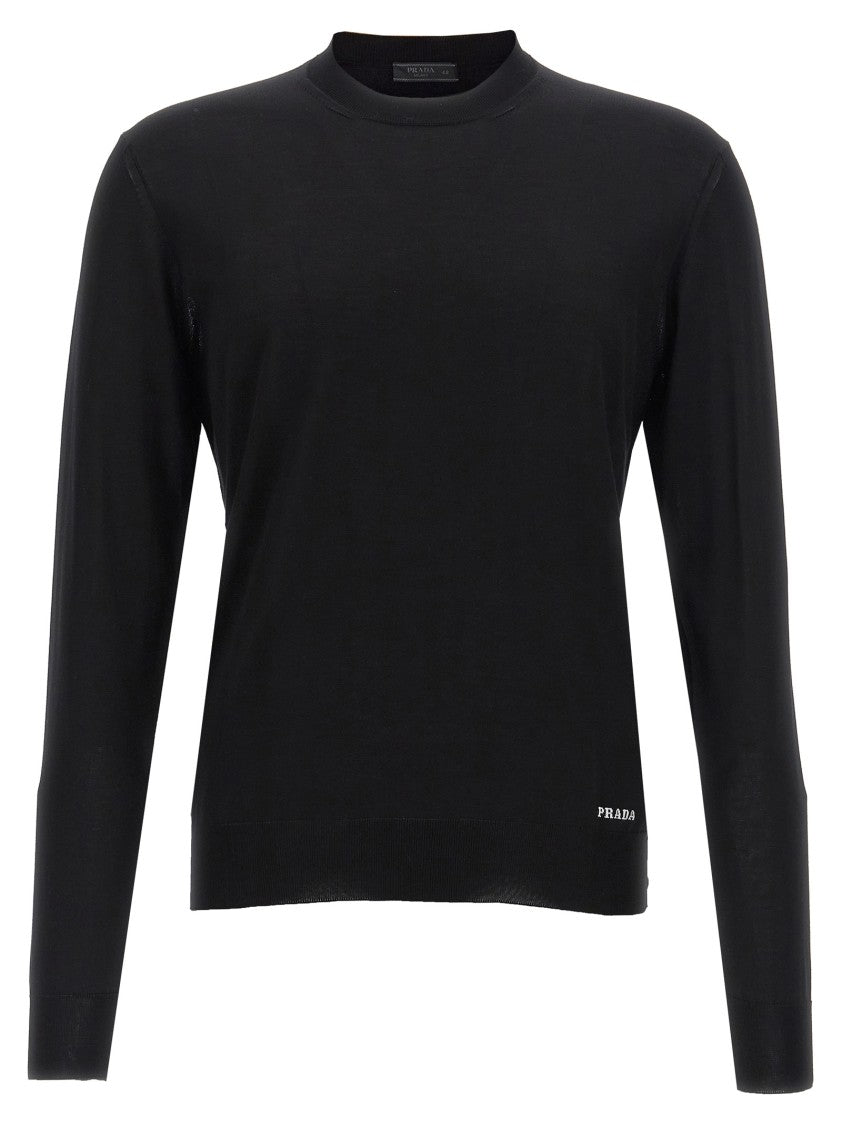 Prada Black Silk Sweater With Contrast Logo Embroidery