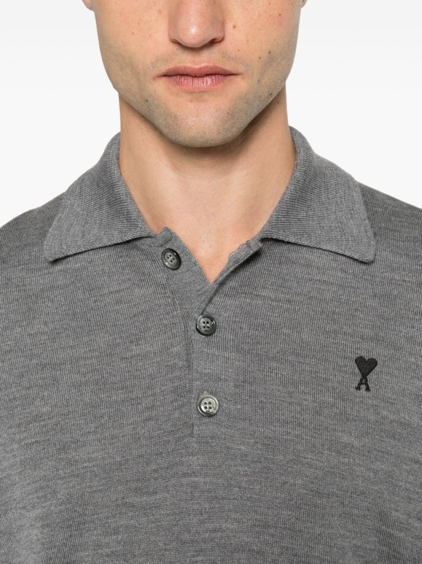 Ami Paris Medium Grey Long-Sleeve Polo Shirt With Classic Collar