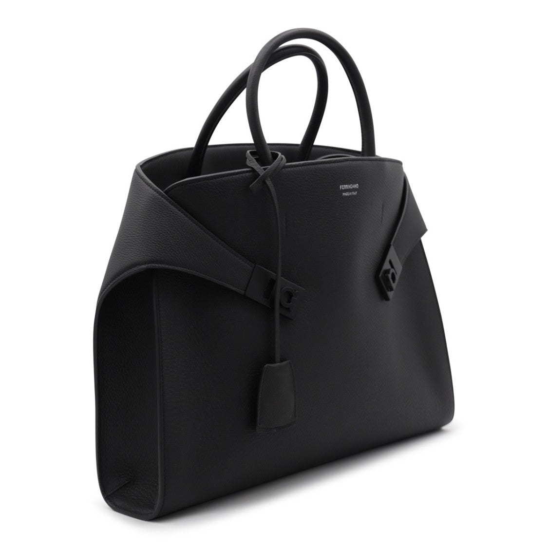Ferragamo Structured Black Leather Shoulder Bag With Adjustable Strap