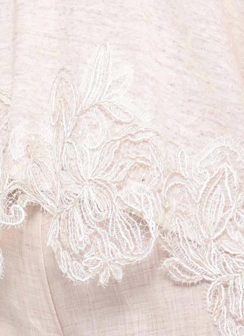 D. Exterior Beige Lace Linen-Blend Hem Short-Sleeved Top