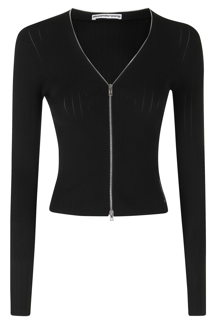 Alexander Wang Black Pointelle V-Neck Ribbed Polyamide Cardigan