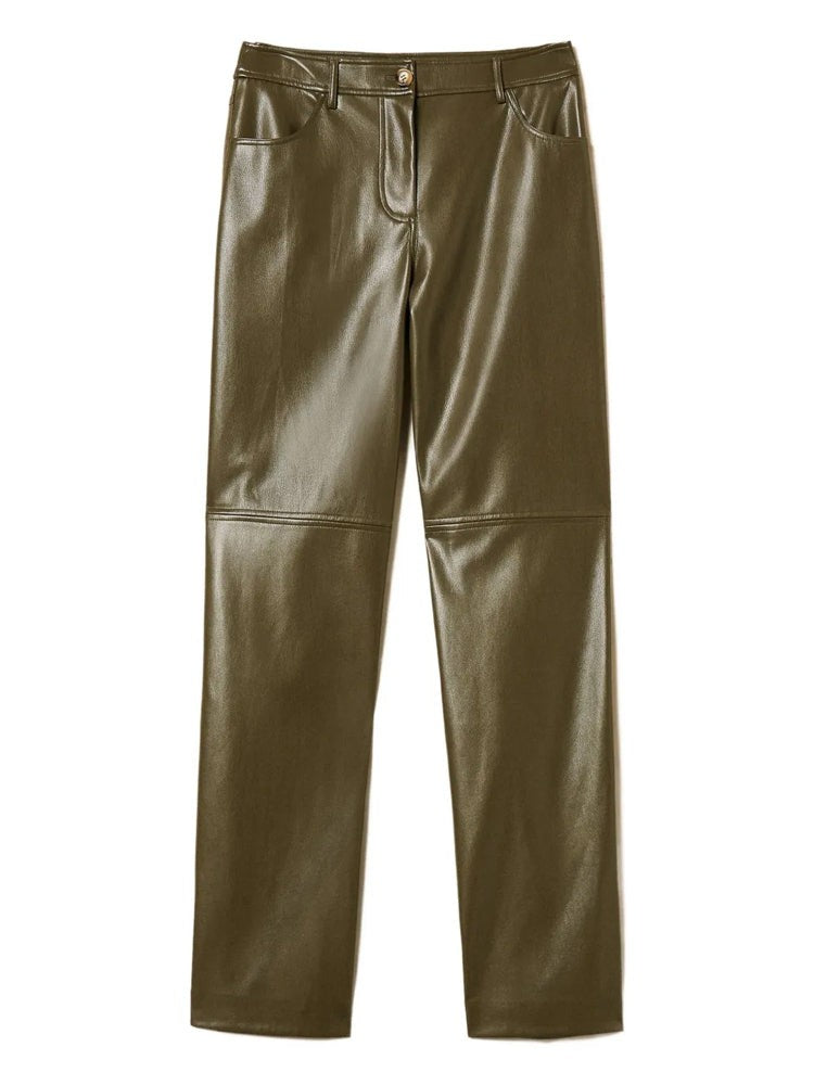 Twin-Set Straight-Leg Trousers With Leather-Like Finish And Mid-Rise Waist