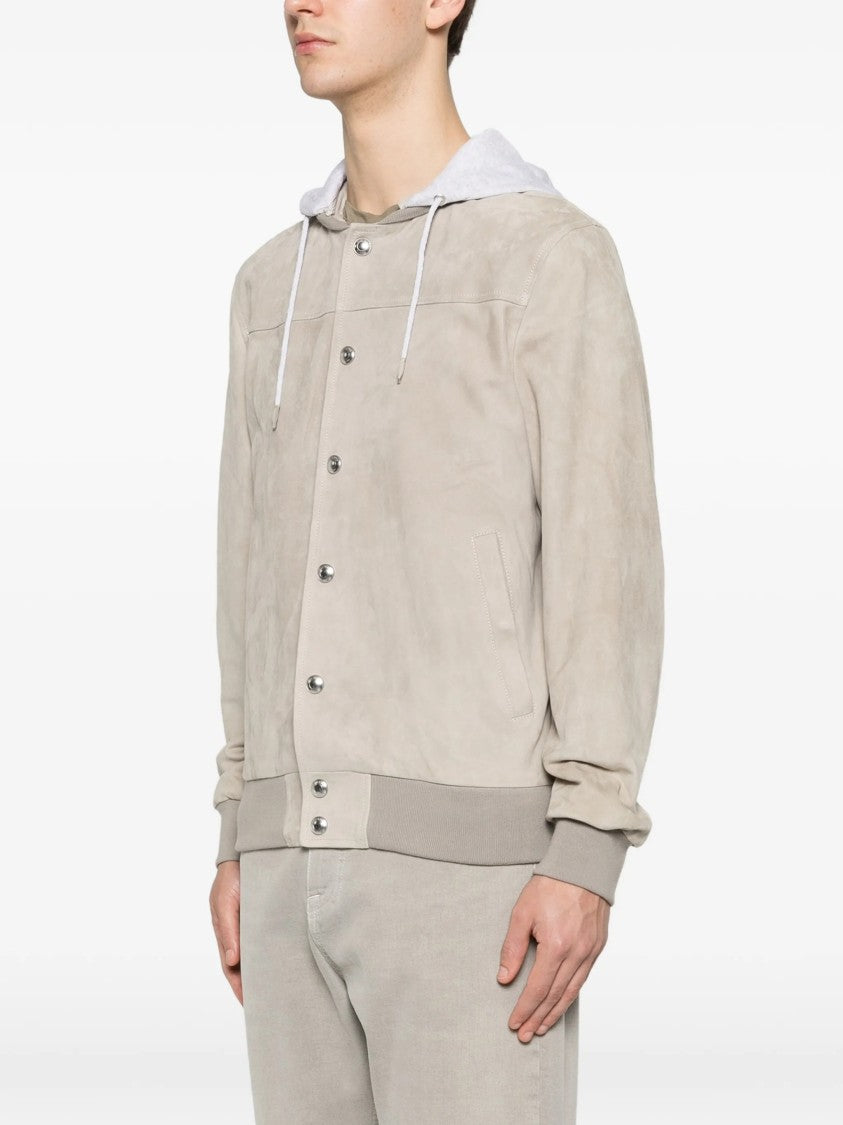 Eleventy Suede-Texture Grey Hooded Bomber Jacket