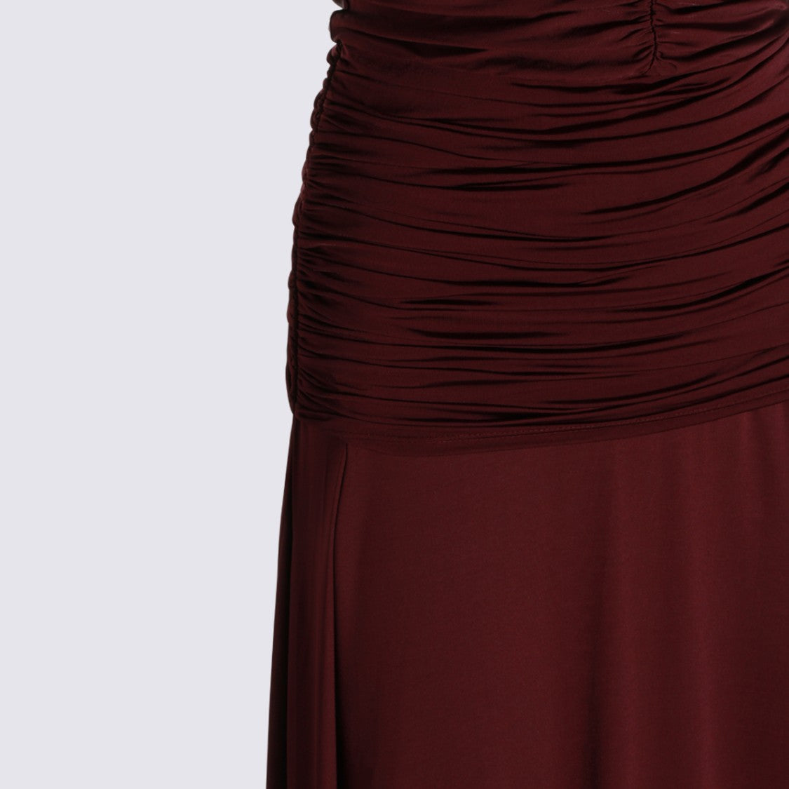 Self-Portrait Deep Burgundy Midi Dress With Ruched Bodice And Flared Skirt