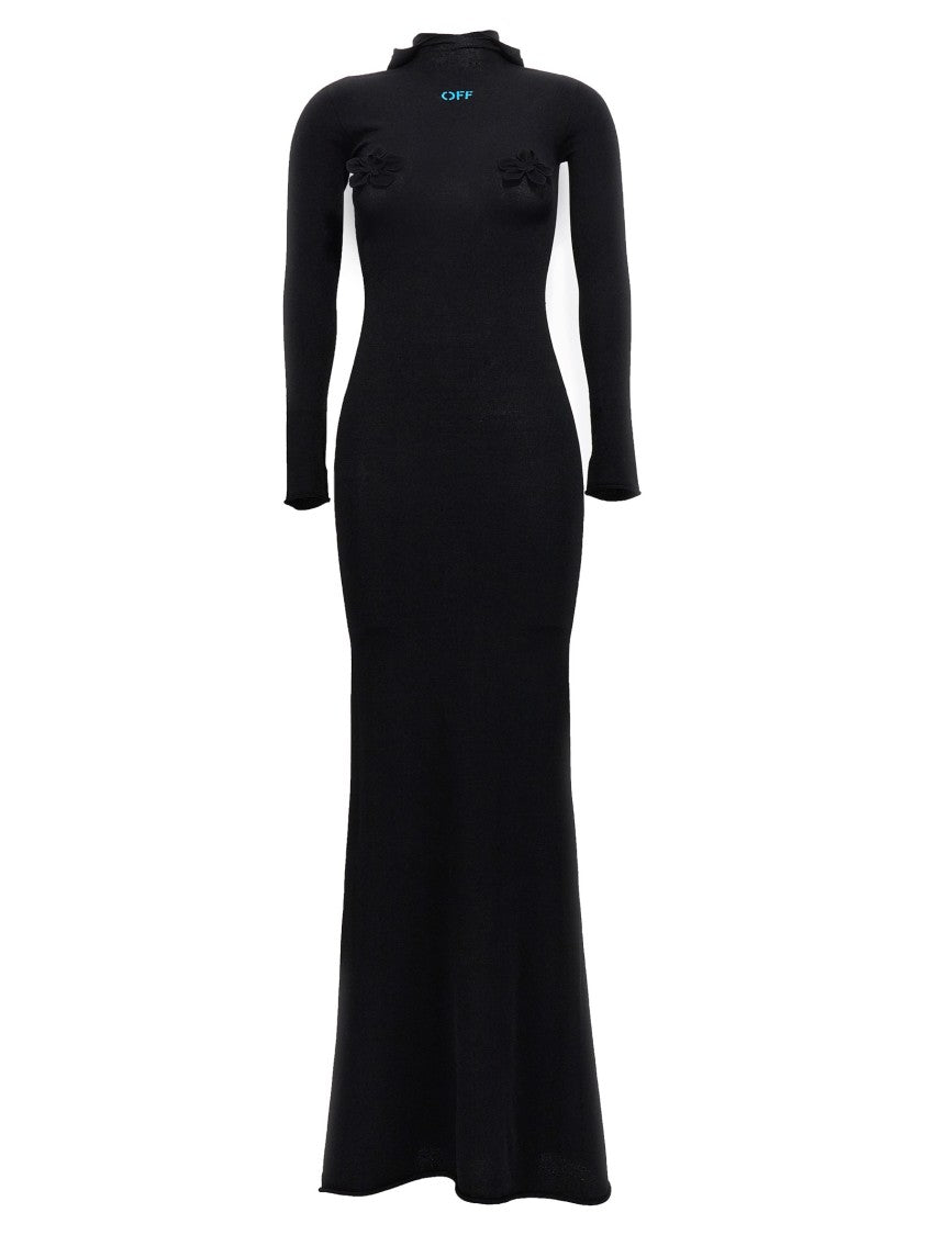 Off-White Long Hooded Dress With Floral Appliqués