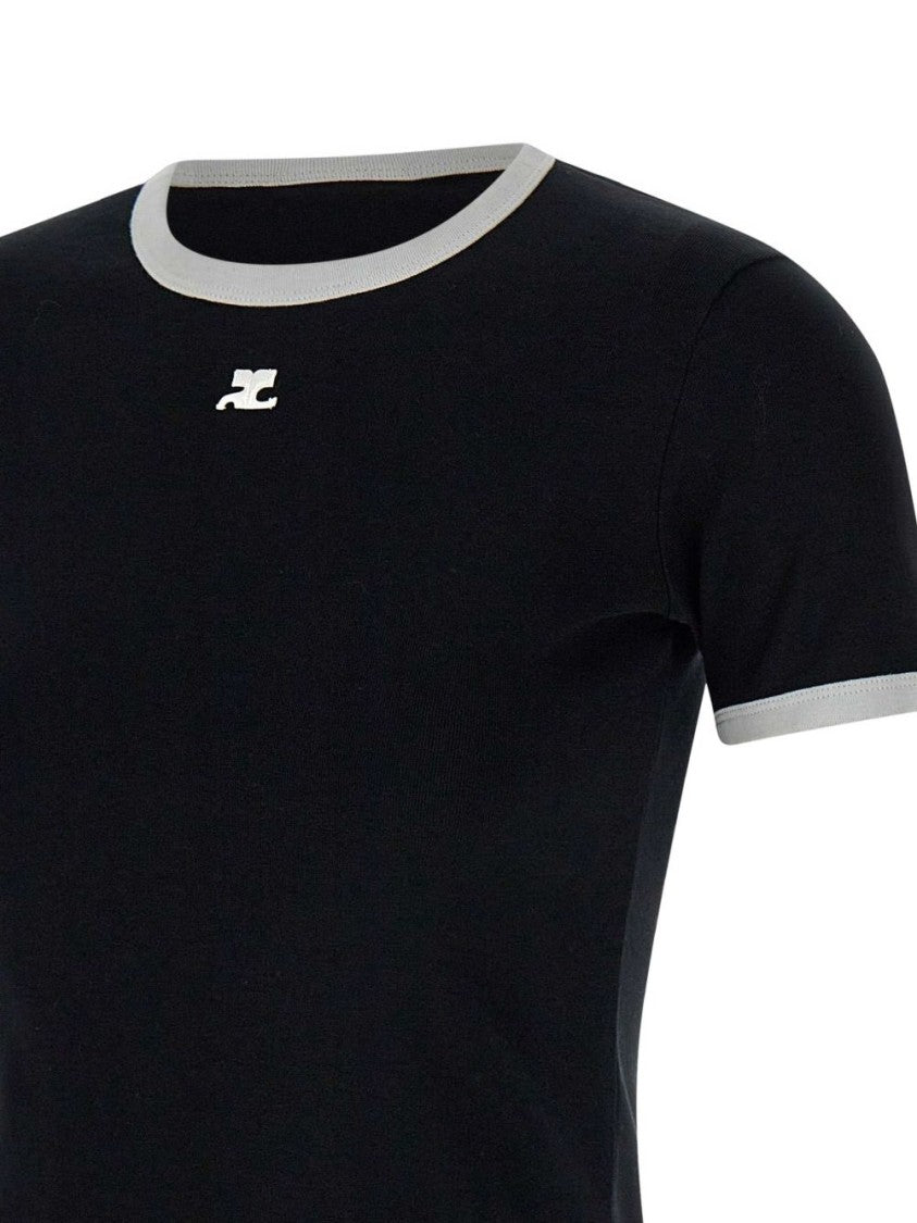 Courrèges Embroidered Black Cotton Crew Neck T-Shirt