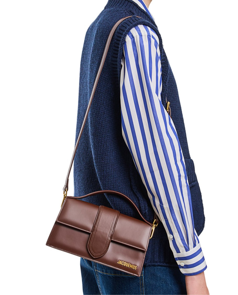 Jacquemus Structured Brown Leather Shoulder Bag With Engraved Clasp