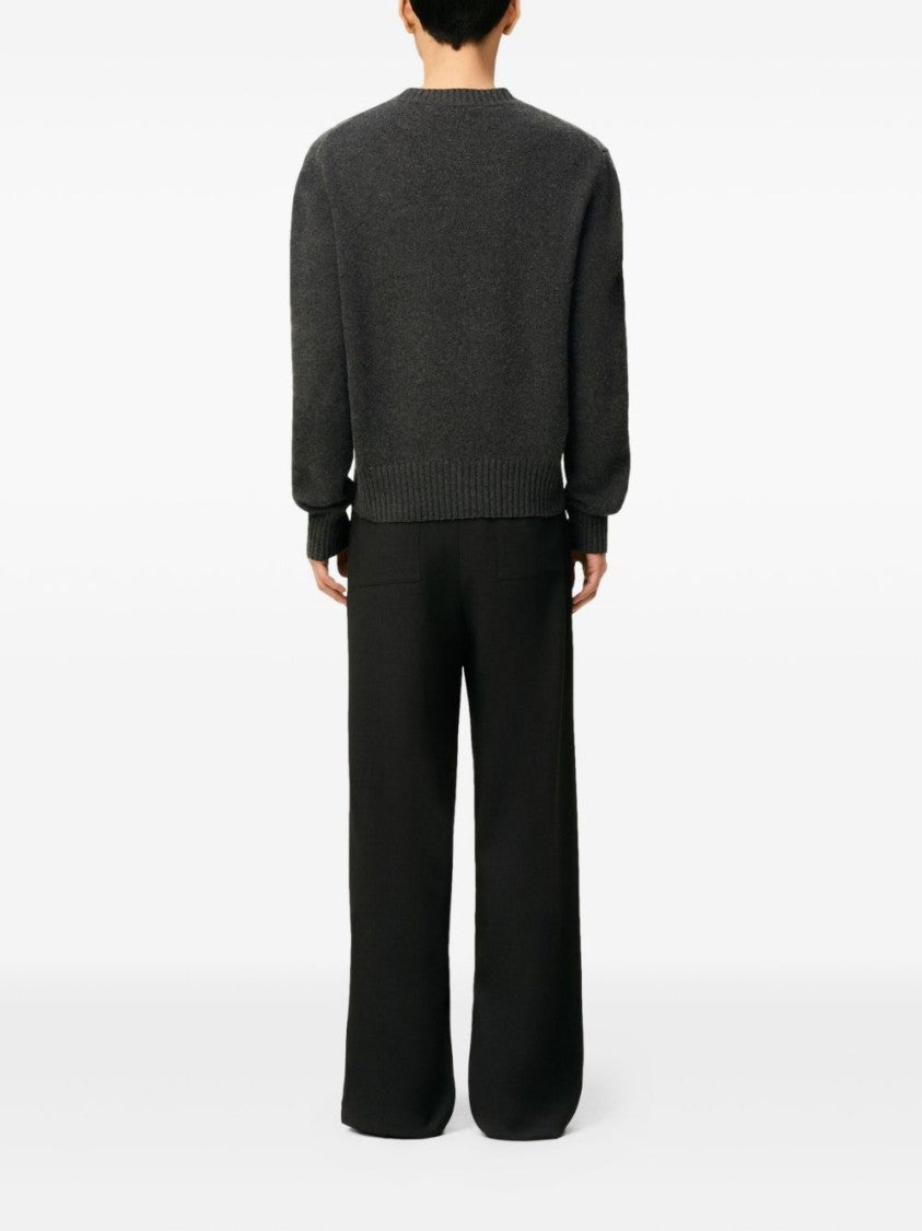 Ami Paris Charcoal Grey Crew Neck Sweater With Logo Embroidery