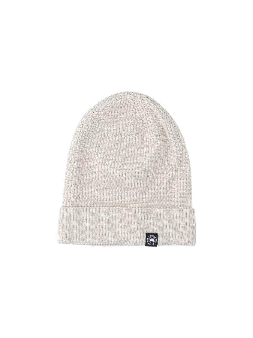 Canada Goose White Ribbed Knit Cotton Logo Beanie