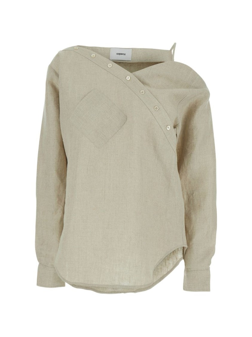 Coperni Asymmetrical Beige Shirt With Diagonal Button Closure And Minimalist Appeal