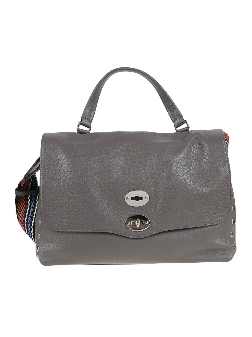 Zanellato Medium Grey Leather Shoulder Bag With Studded Accents