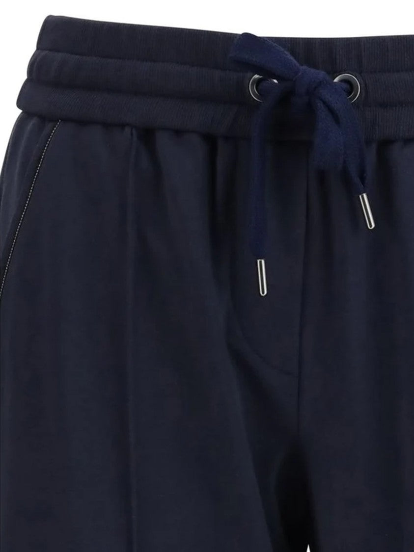 Brunello Cucinelli Blue Monili Embroidery Cotton Cropped Pants