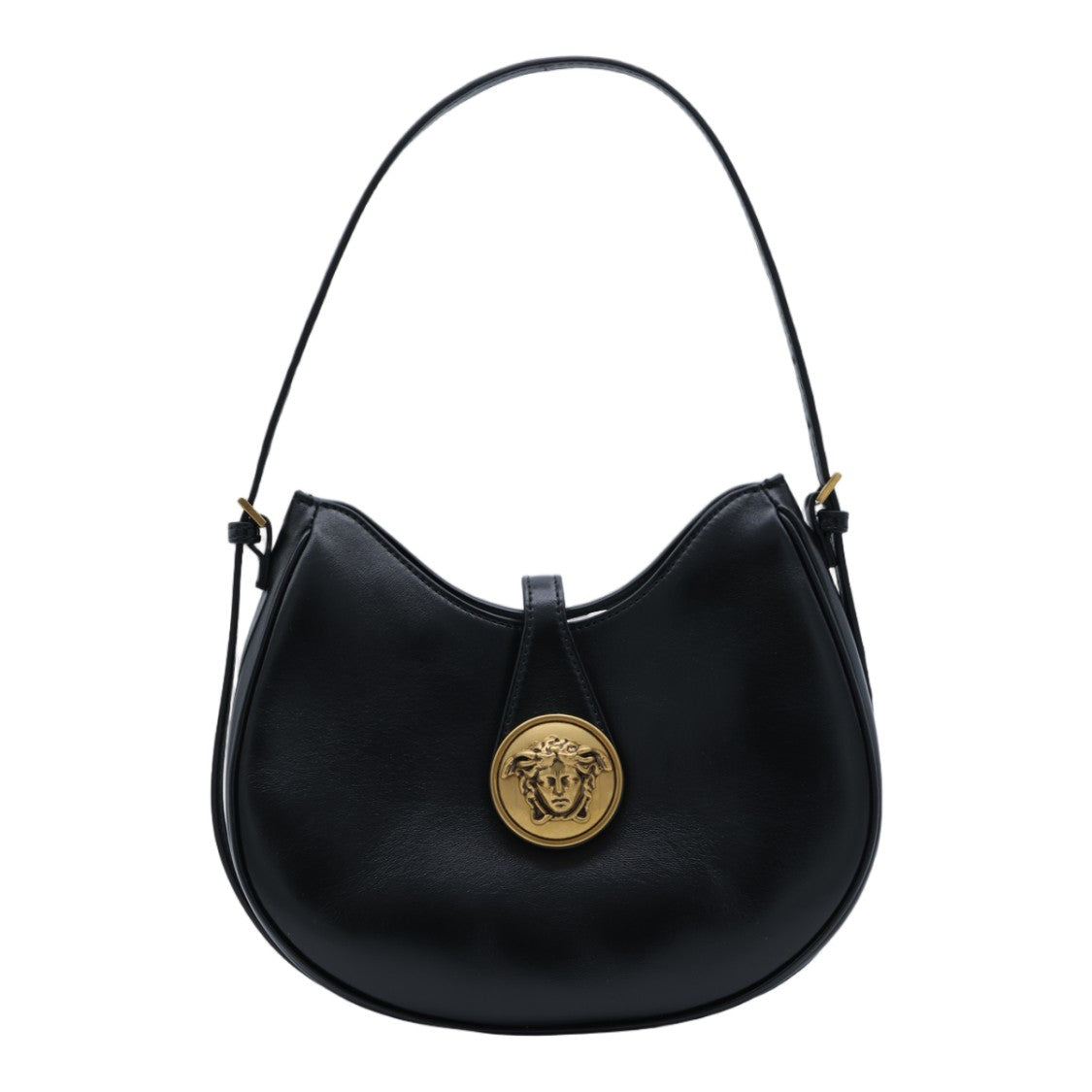 Versace Crescent-Shaped Black Leather Bag With Gold Medallion
