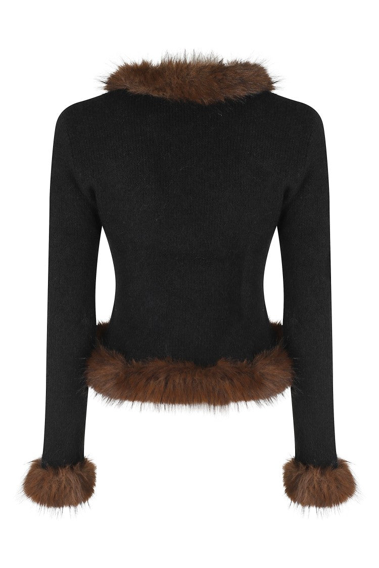 Self-Portrait Black Faux Fur Trimmed V-Neck Cotton-Blend Cardigan