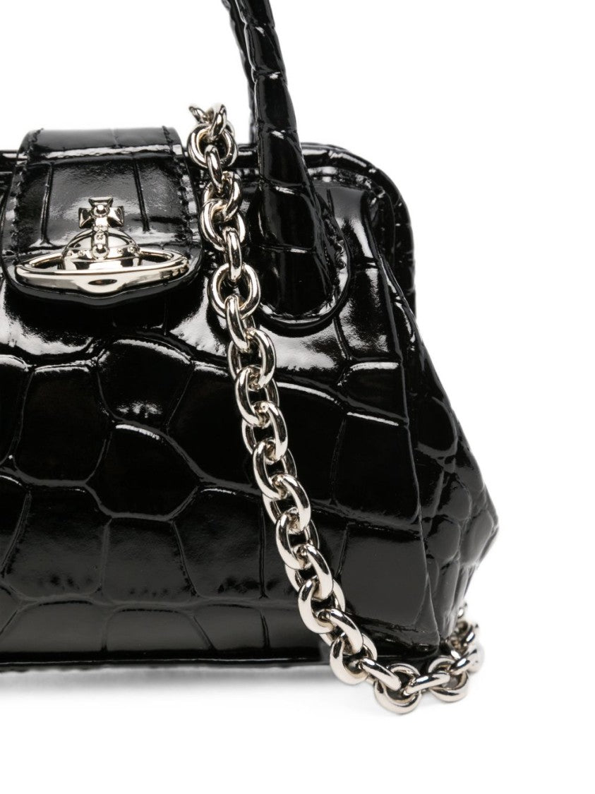 Vivienne Westwood Glossy Black Crocodile-Embossed Handbag With Detachable Chain Strap