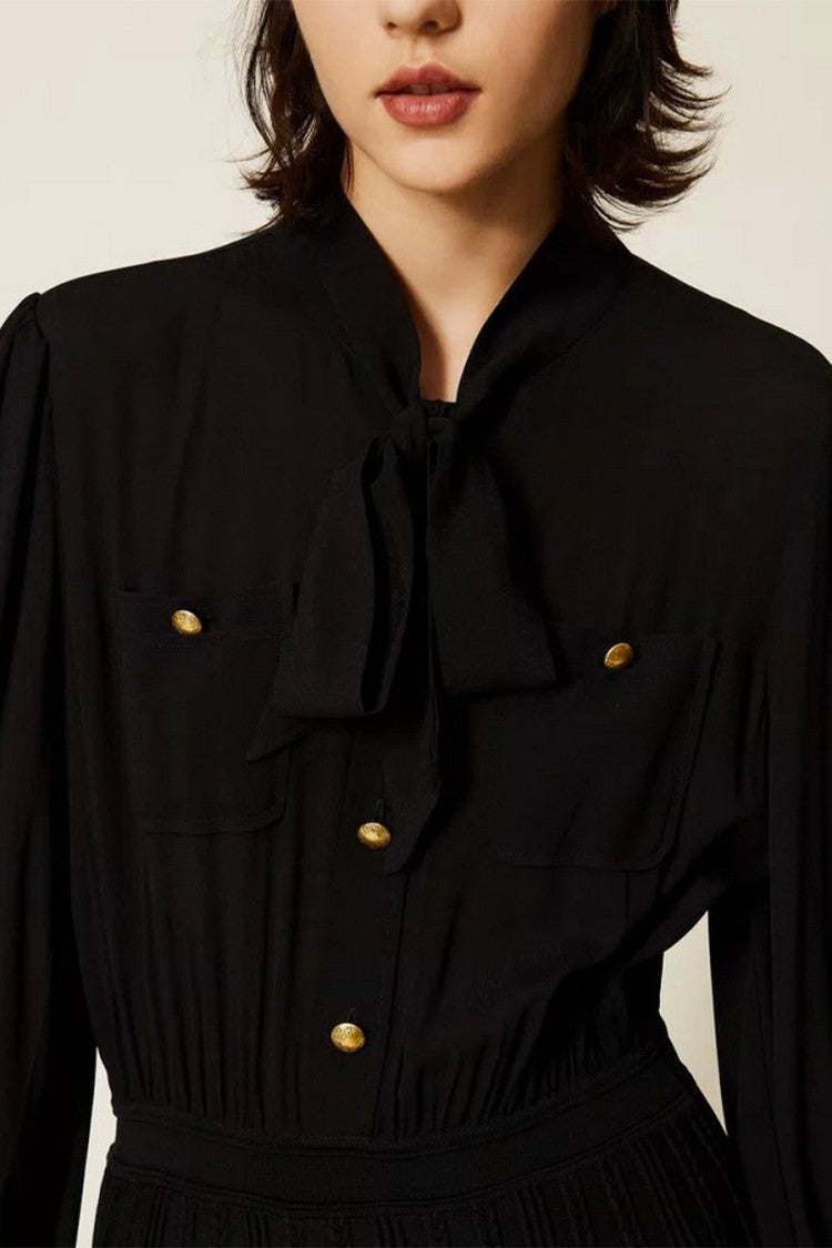 Twin-Set Black Polyamide-Viscose Blend Tie-Neck Pleated Dress