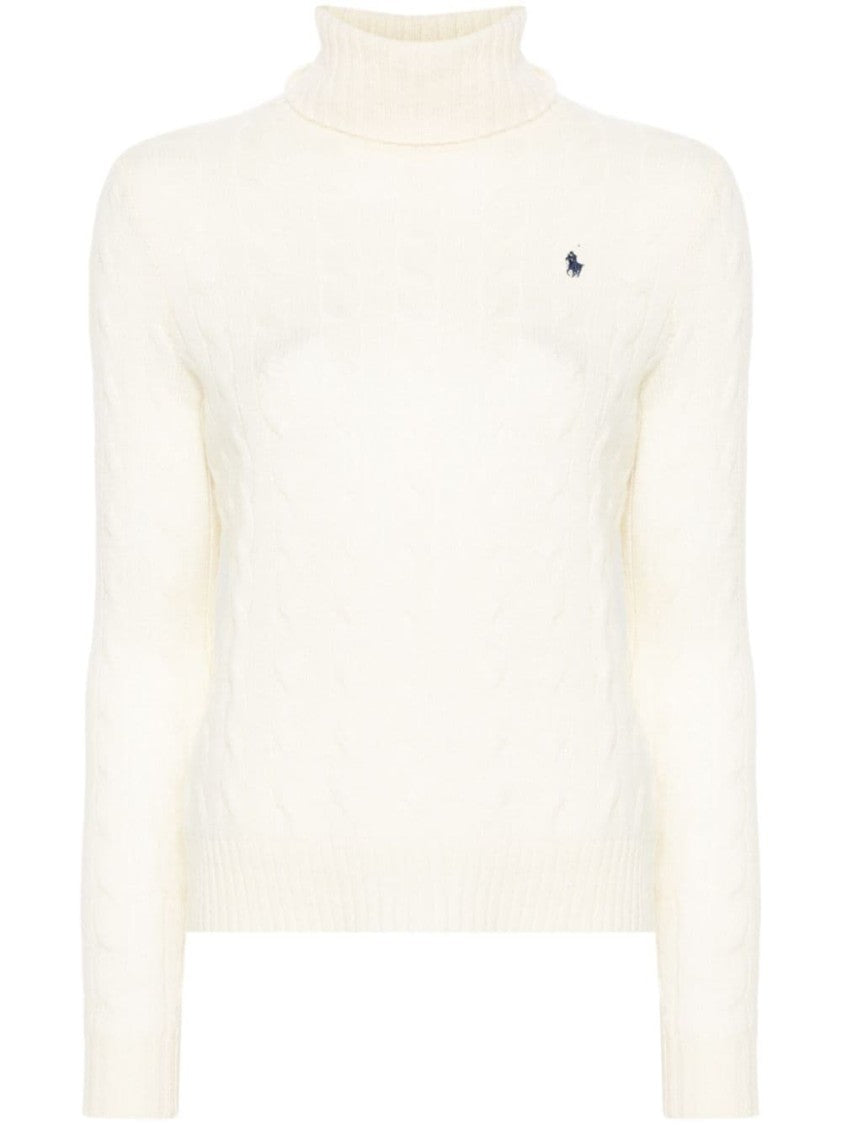 Polo Ralph Lauren Off White Textured Cable Knit Wool Turtleneck