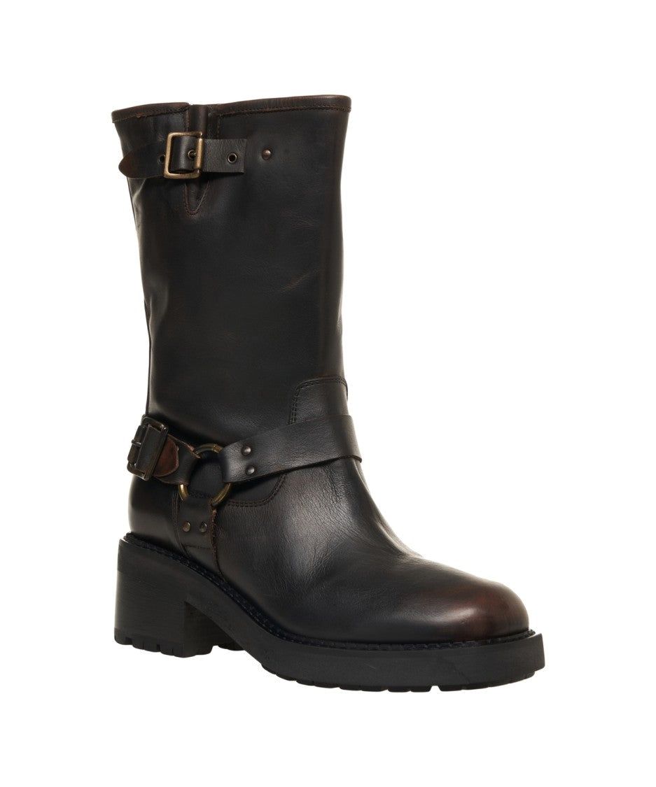 Curiosite Mid-Calf Biker Boots With Buckle Straps