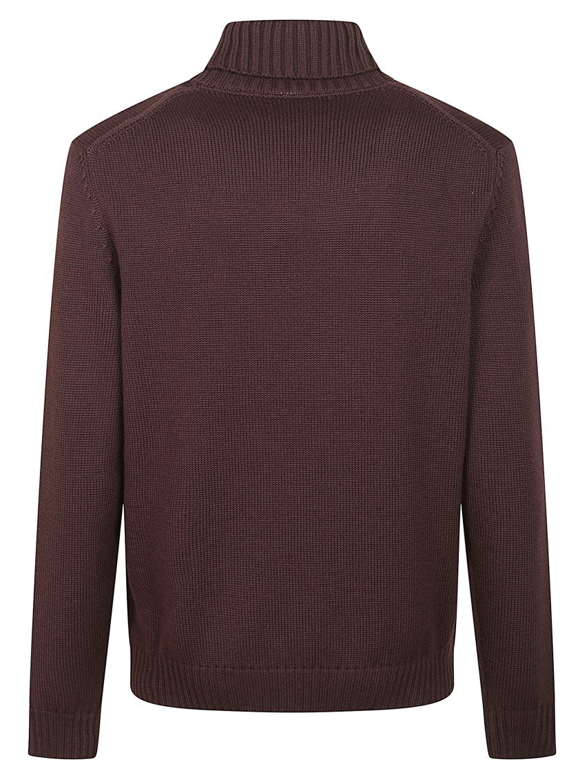 Zanone High-Neck Brown Wool Sweater With Ribbed Detailing