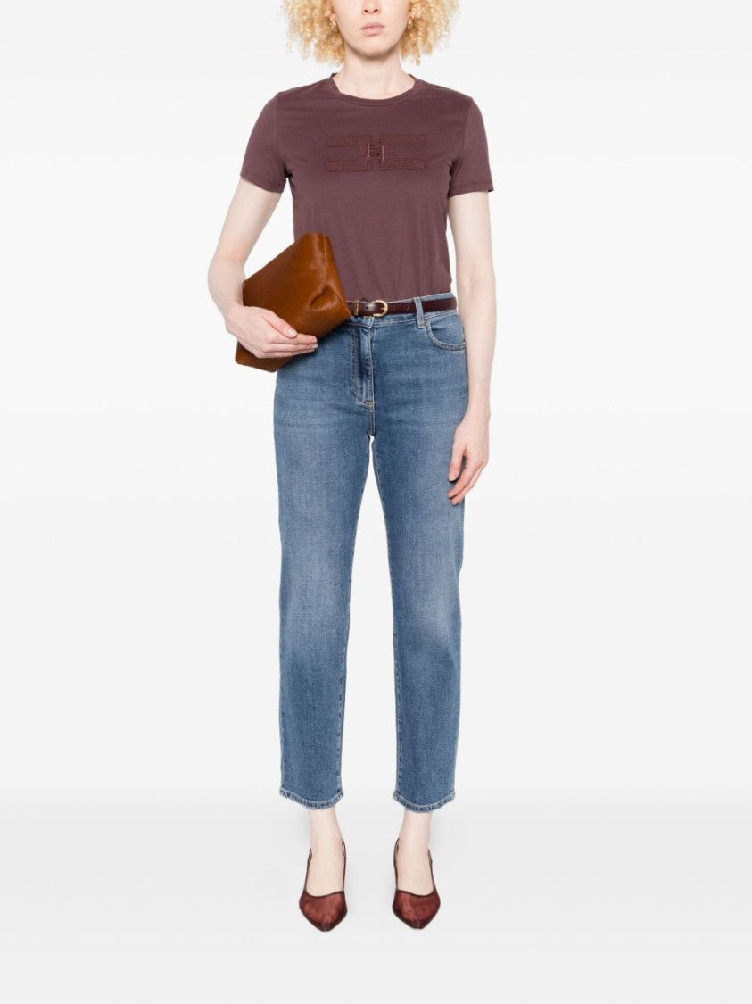 Elisabetta Franchi Bordeaux Cotton T-Shirt With Textured Logo Detail