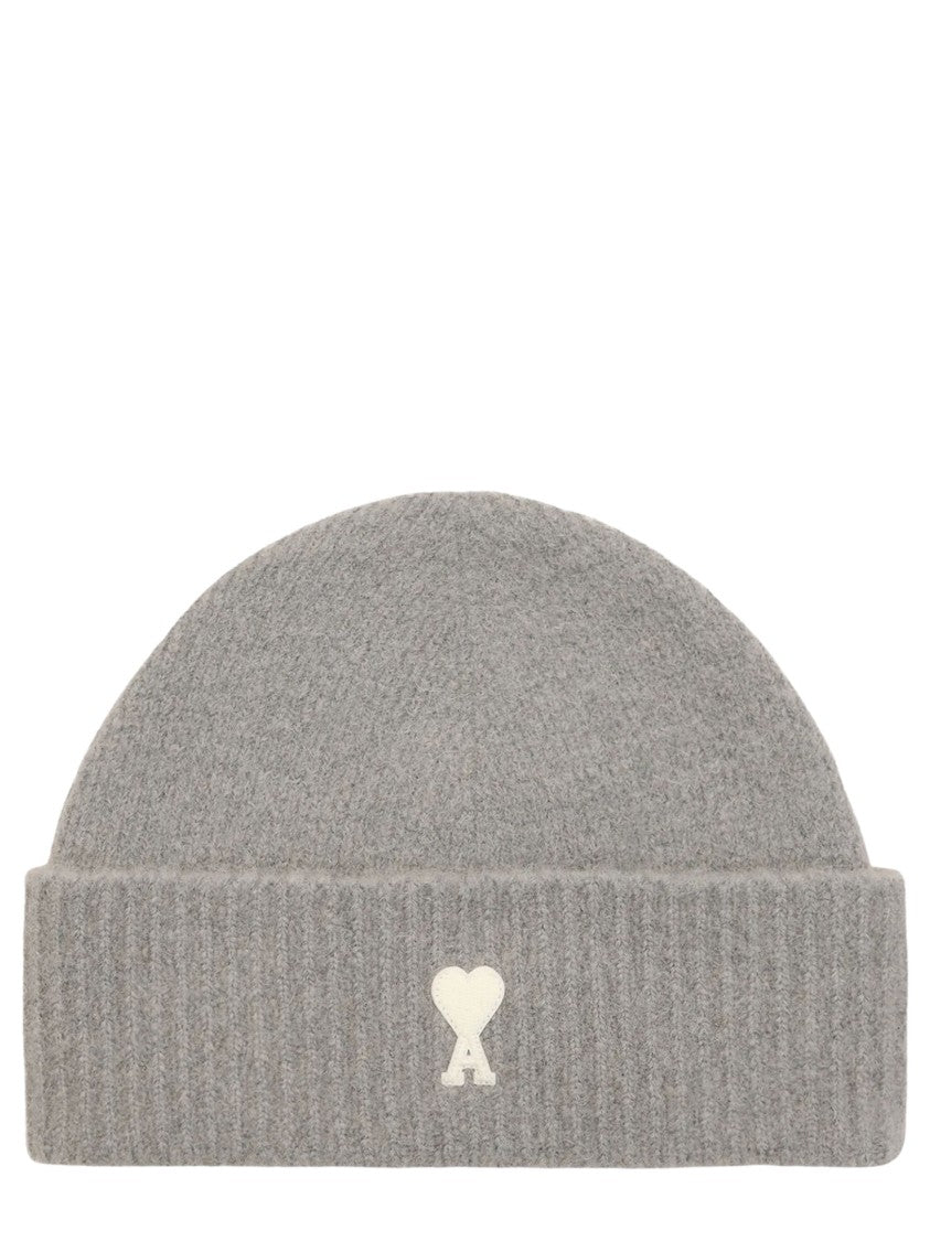 Ami Paris Grey Ami De Coeur Ribbed Wool Beanie