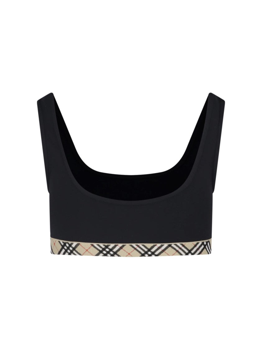 Burberry Black Square Neck Plaid Accented Top